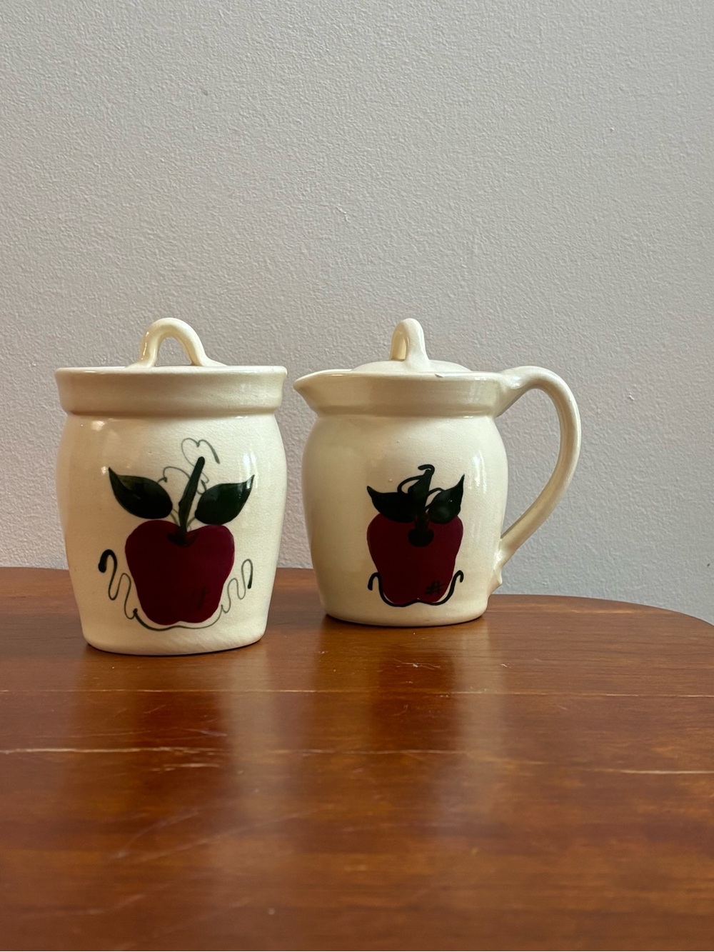Vintage 1990’s Ceramic Cream and Sugar Jars Handpainted with Apple Decals